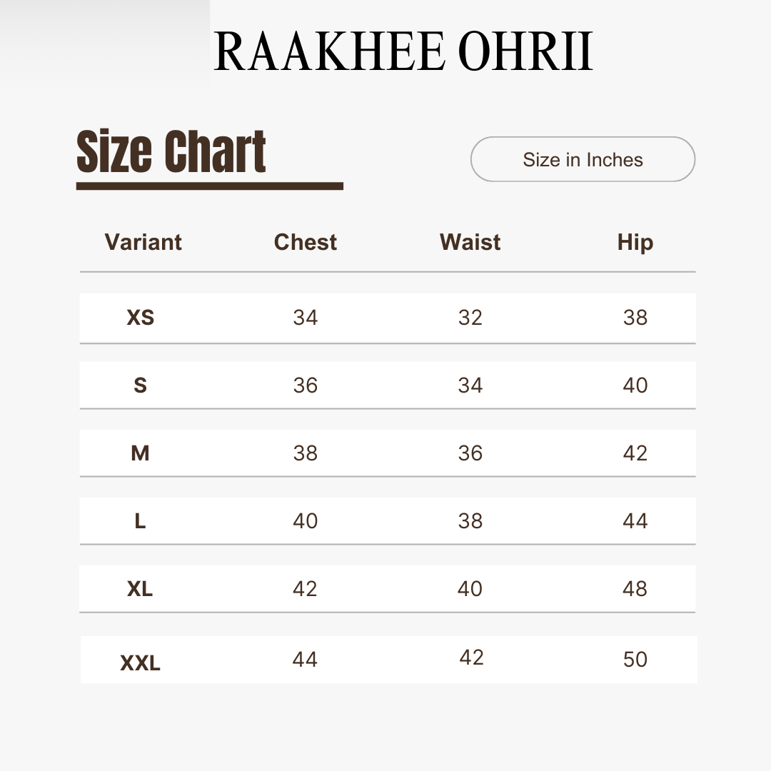 raakhee ohrii Size chart